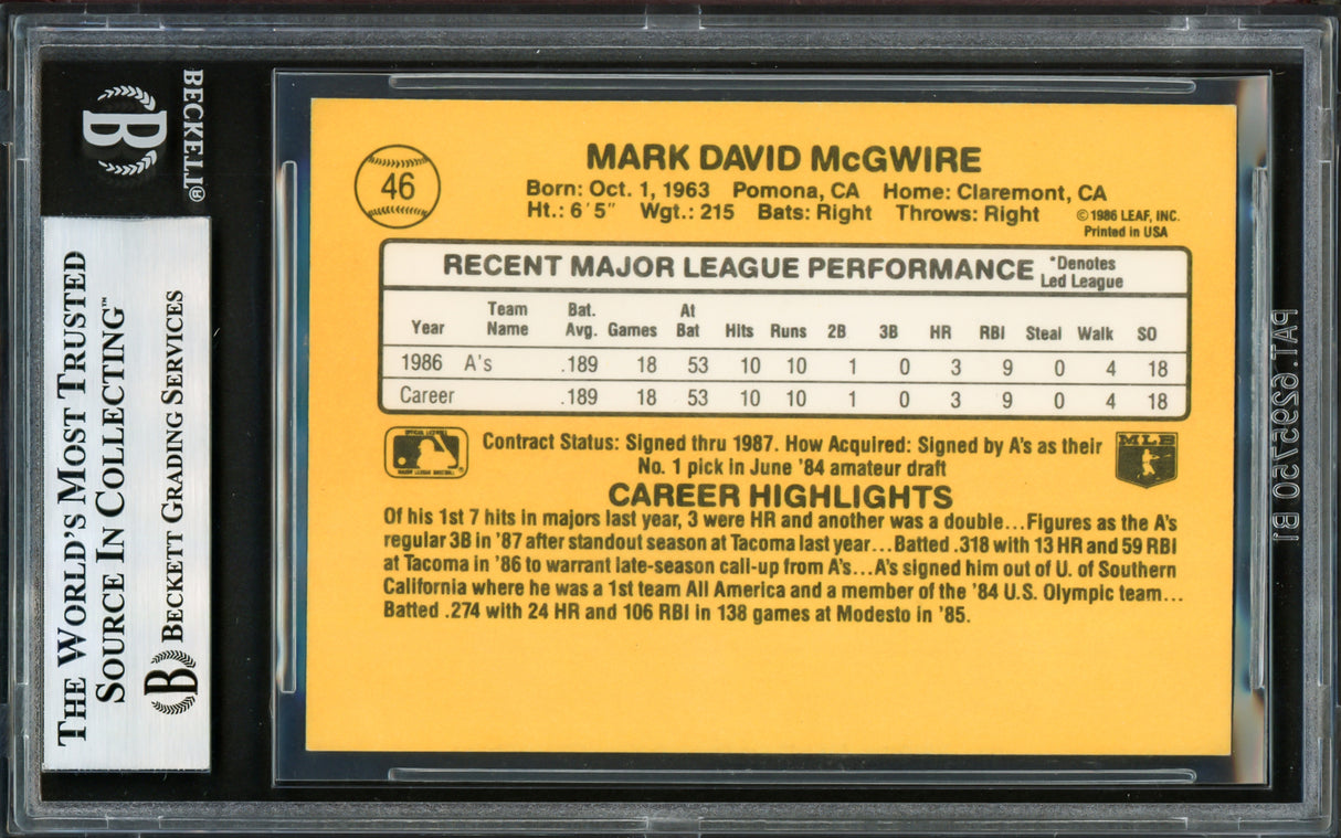 Mark McGwire Autographed 1987 Donruss Rookie Card #46 Oakland A's Vintage Rookie Signature Beckett BAS #17606046