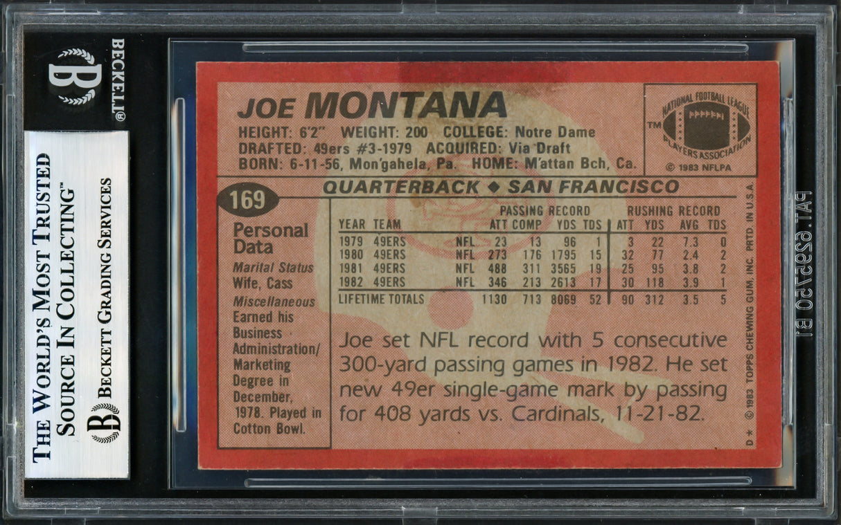 Joe Montana Autographed 1983 Topps Card #169 San Francisco 49ers Beckett BAS #17606084