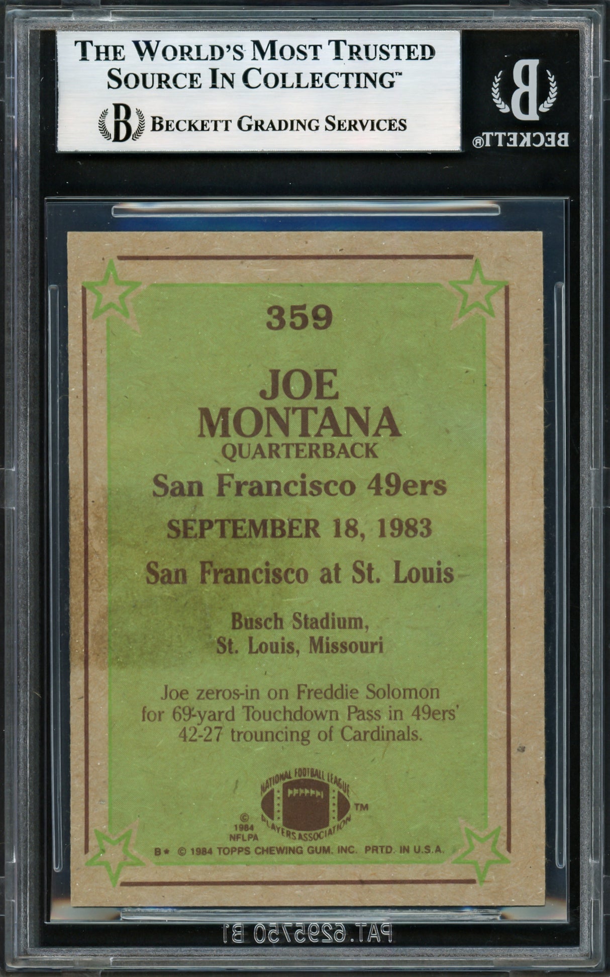 Joe Montana Autographed 1984 Topps Card #359 San Francisco 49ers Beckett BAS #17606097