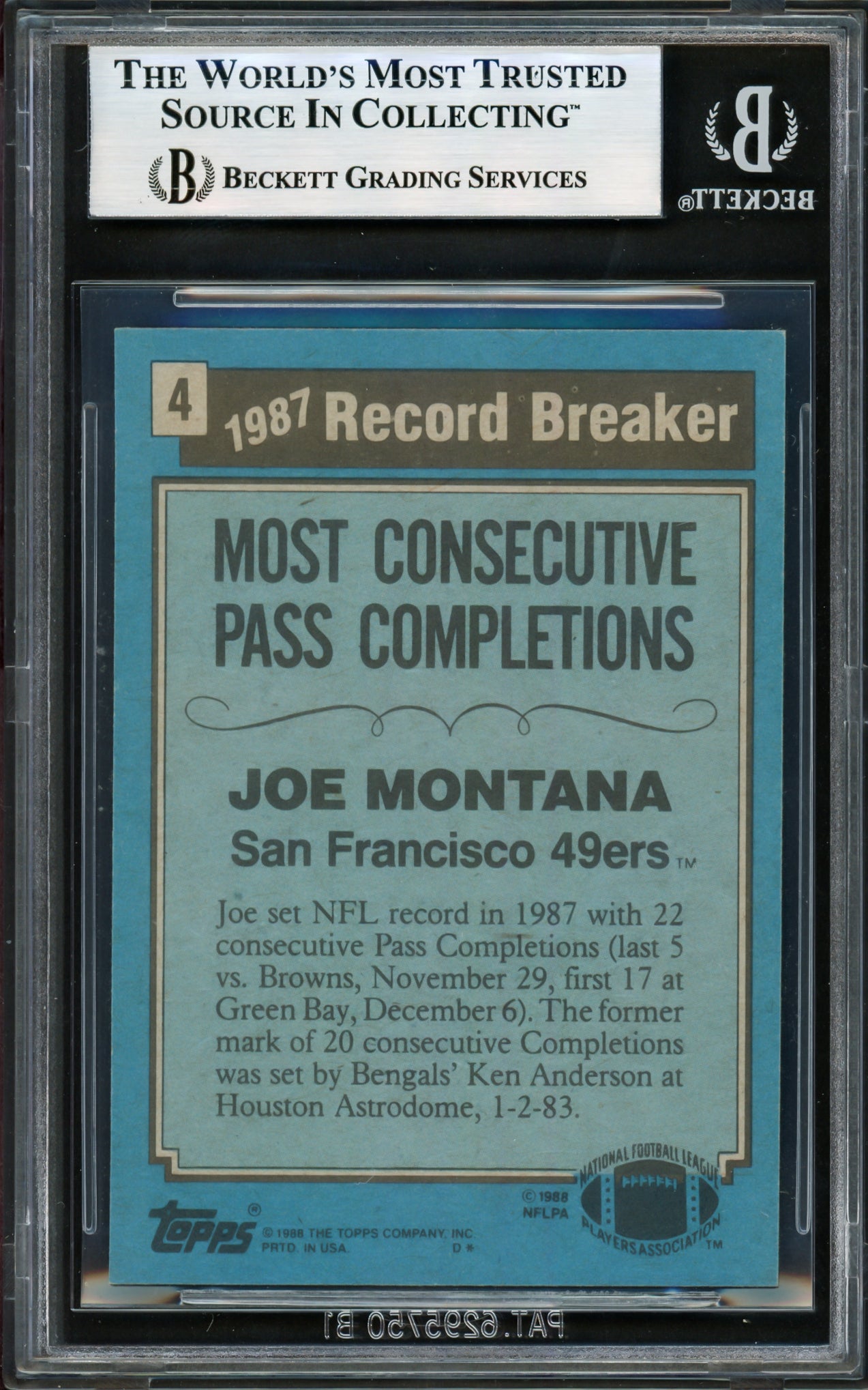 Joe Montana Autographed 1988 Topps Card #4 San Francisco 49ers Beckett BAS #17606121