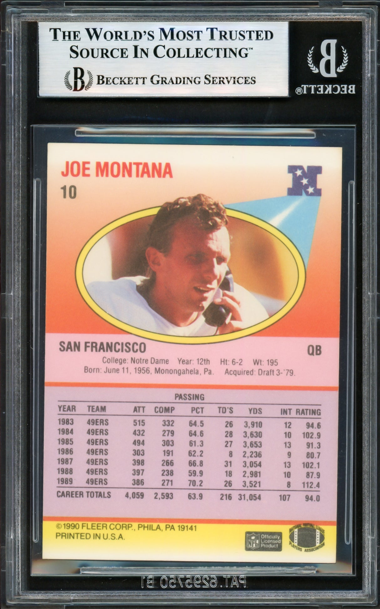 Joe Montana Autographed 1990 Fleer Card #10 San Francisco 49ers Beckett BAS #17606138