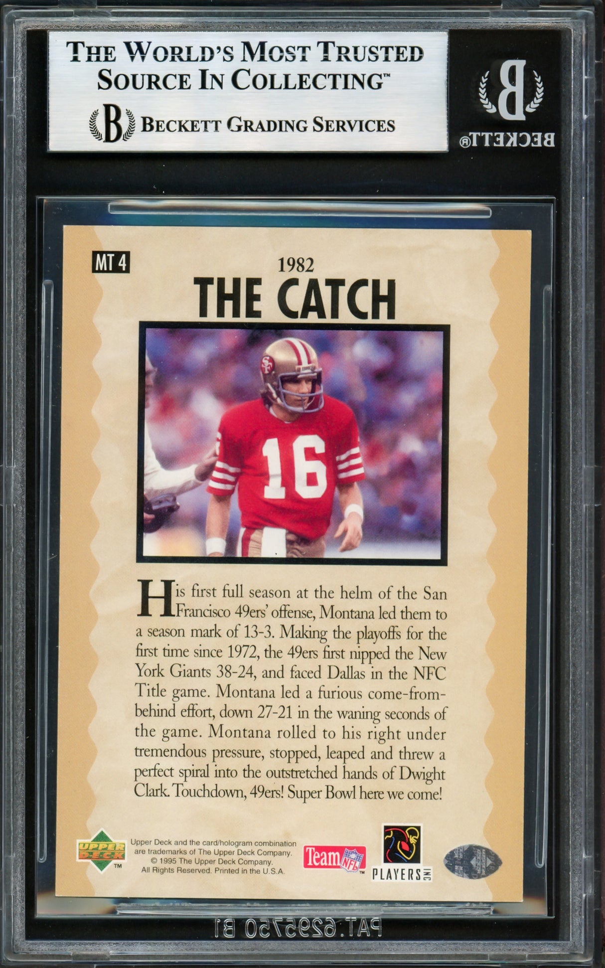 Joe Montana Autographed 1995 Upper Deck Card #MT4 San Francisco 49ers The Catch Beckett BAS #17606167