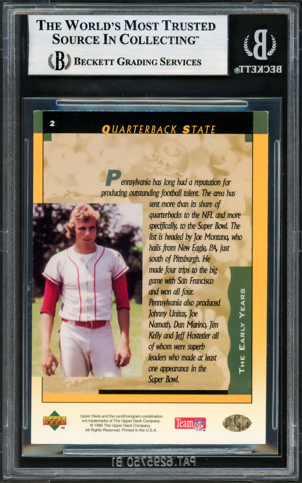 Joe Montana Autographed 1995 Upper Deck Card #2 San Francisco 49ers Beckett BAS #17606186