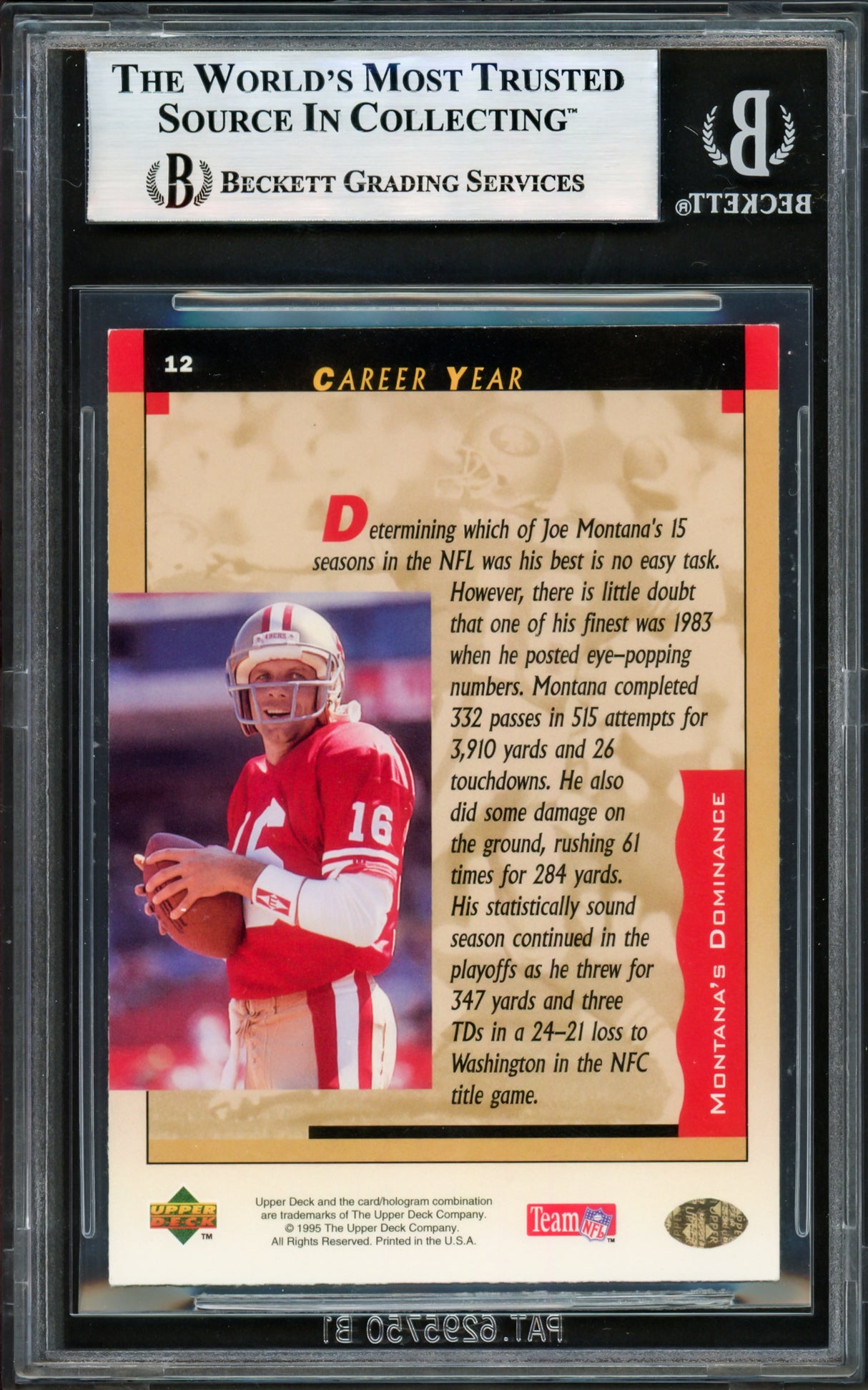 Joe Montana Autographed 1995 Upper Deck Card #12 San Francisco 49ers Beckett BAS #17606199