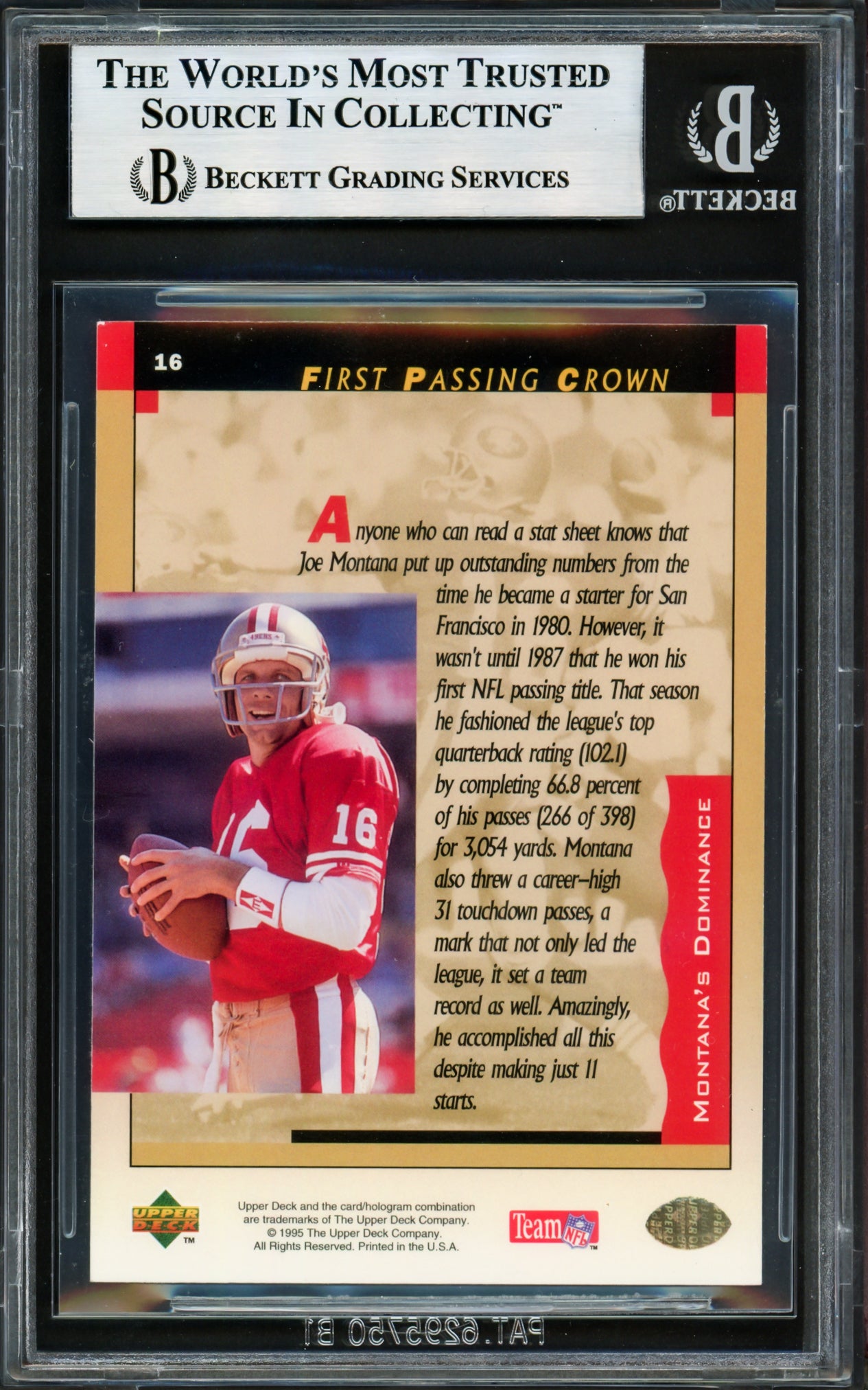 Joe Montana Autographed 1995 Upper Deck Card #16 San Francisco 49ers Beckett BAS #17606242