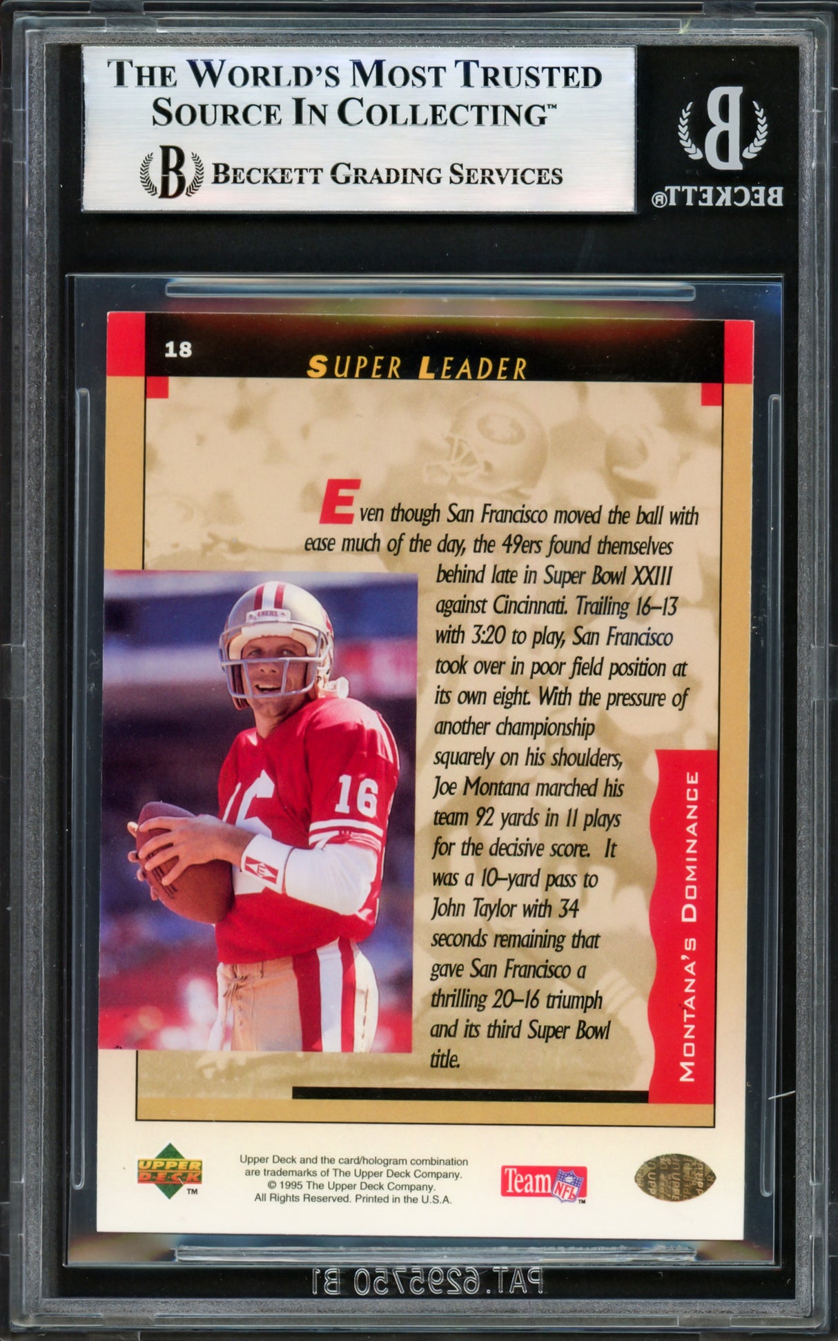 Joe Montana Autographed 1995 Upper Deck Card #18 San Francisco 49ers Beckett BAS #17606251