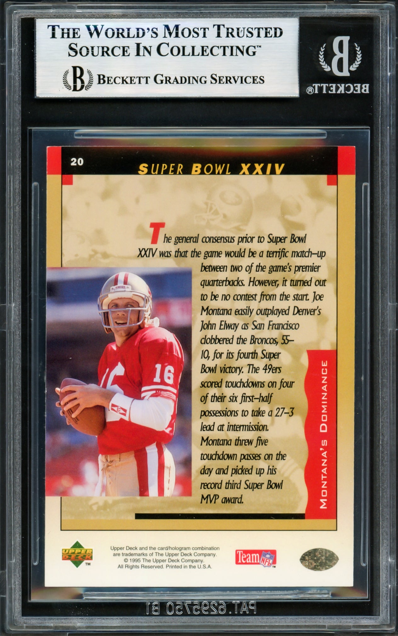 Joe Montana Autographed 1995 Upper Deck Card #20 San Francisco 49ers Beckett BAS #17606256