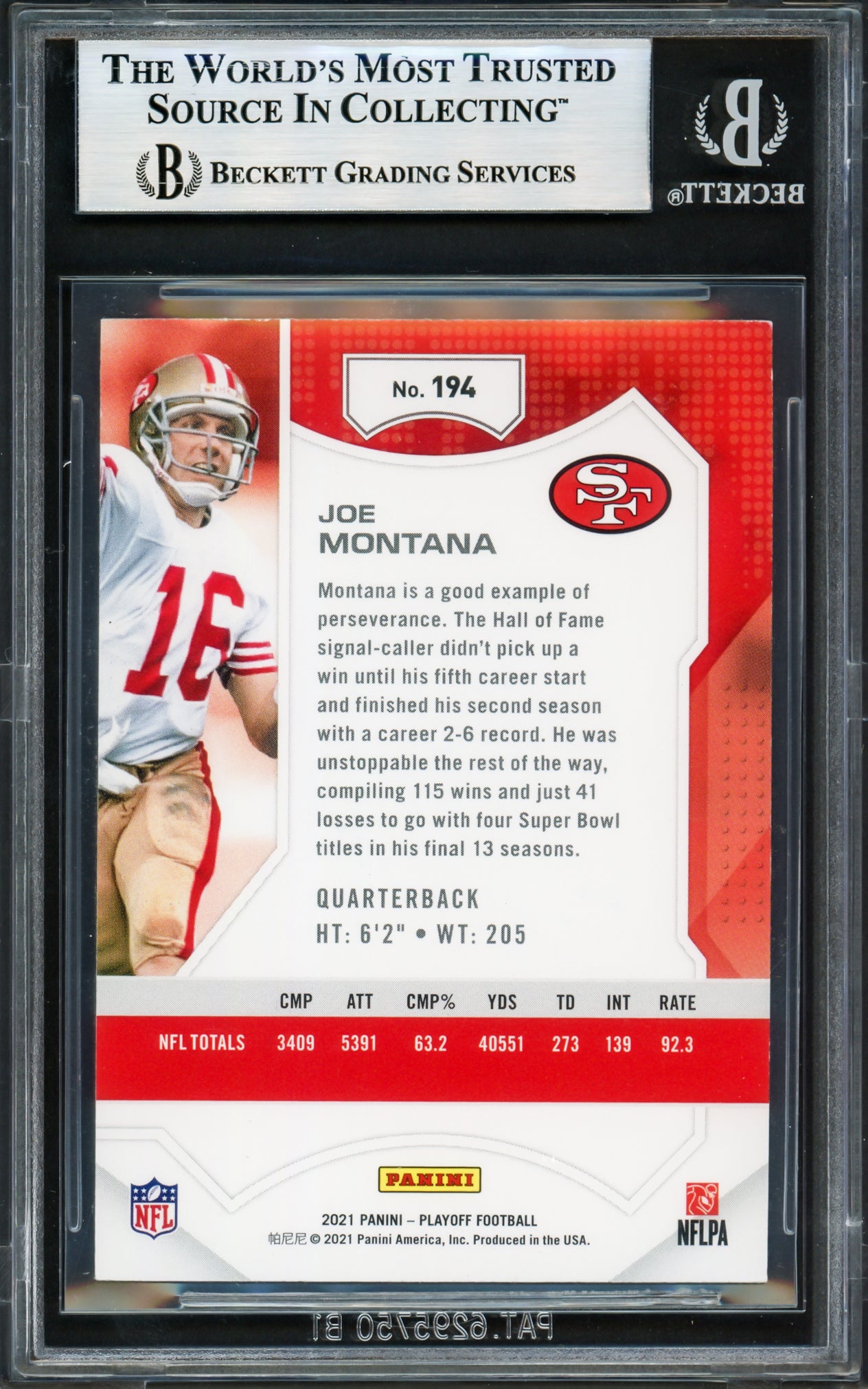 Joe Montana Autographed 2021 Panini Playoff Card #194 San Francisco 49ers Beckett BAS #17606292