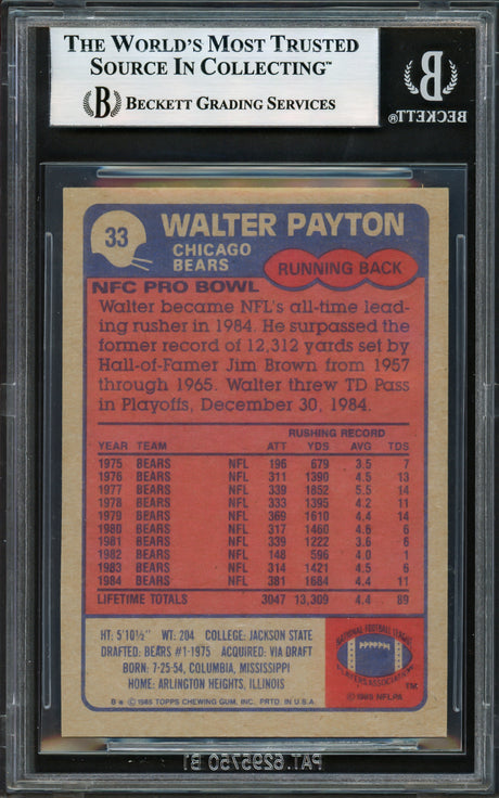 Walter Payton Autographed 1985 Topps Card #33 Chicago Bears Beckett BAS #17606381