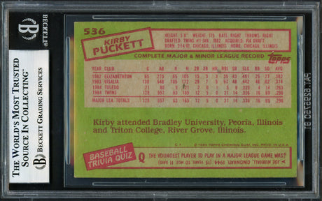 Kirby Puckett Autographed 1985 Topps Rookie Card #536 Minnesota Twins Beckett BAS #17606405