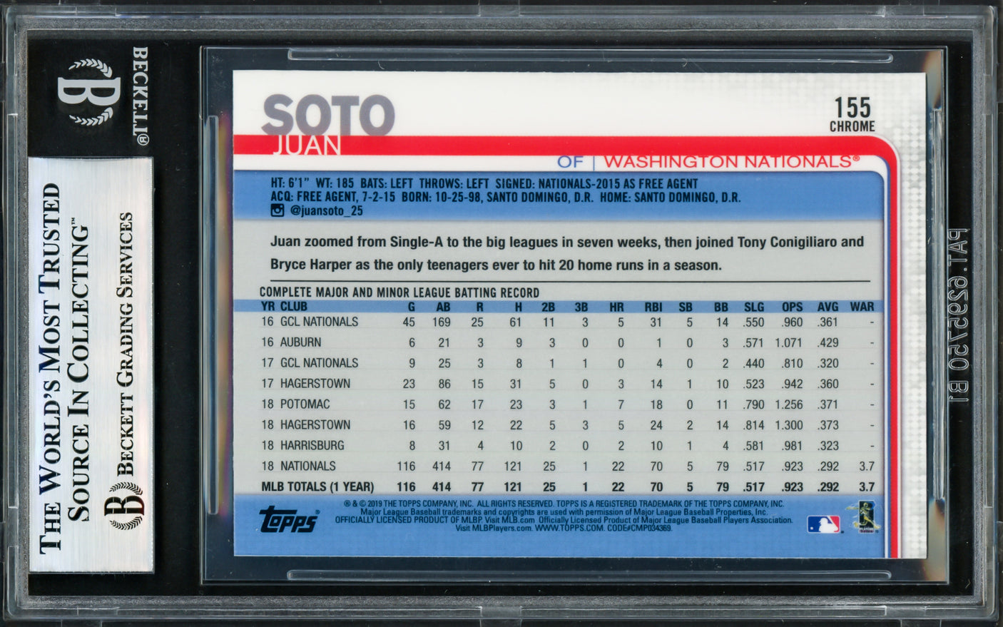 Juan Soto Autographed 2019 Topps Chrome Card #155 Washington Nationals Beckett BAS #17606447