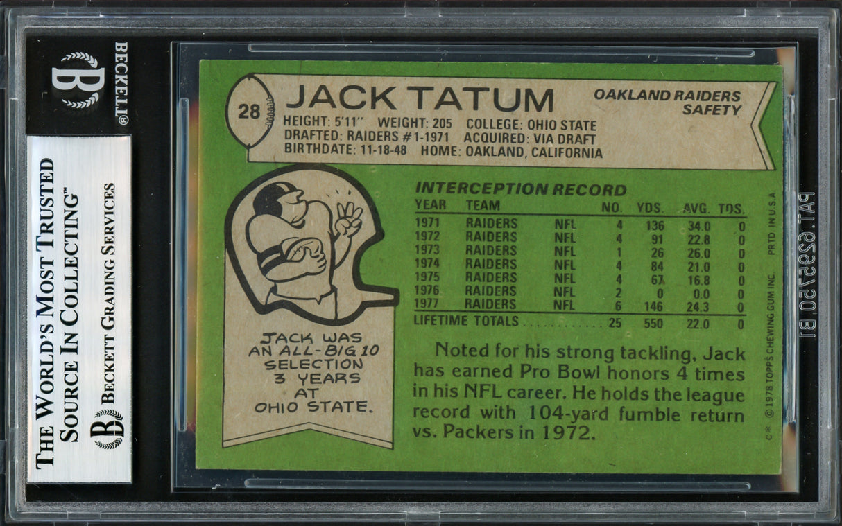 Jack Tatum Autographed 1978 Topps Card #28 Oakland Raiders Beckett BAS #17606536