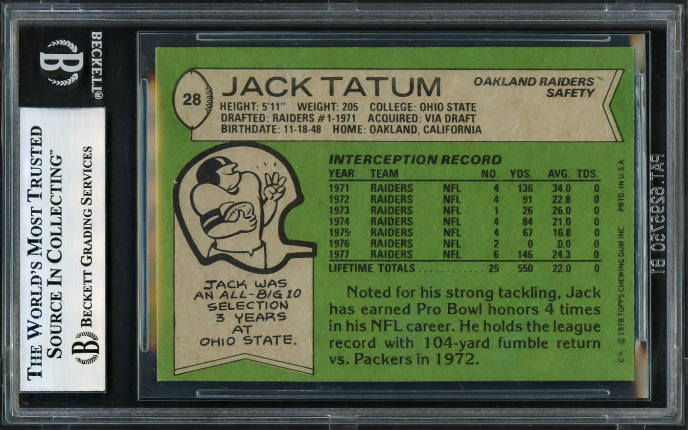 Jack Tatum Autographed 1978 Topps Card #28 Oakland Raiders Beckett BAS #17606538