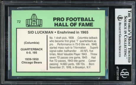 Sid Luckman Autographed 1985 Football Immortals Card #72 Chicago Bears Beckett BAS #13835380