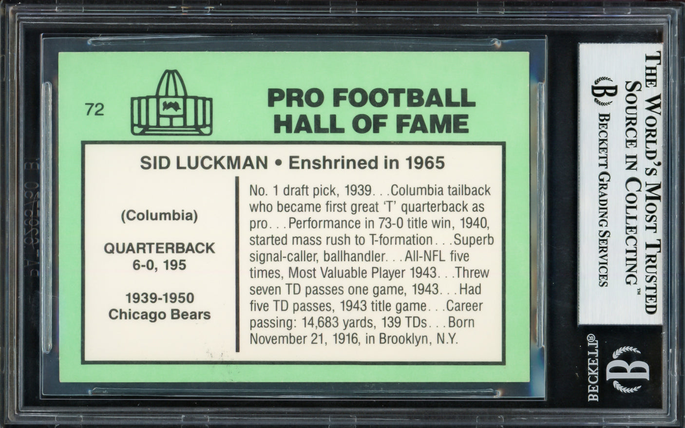 Sid Luckman Autographed 1985 Football Immortals Card #72 Chicago Bears Beckett BAS #13835380