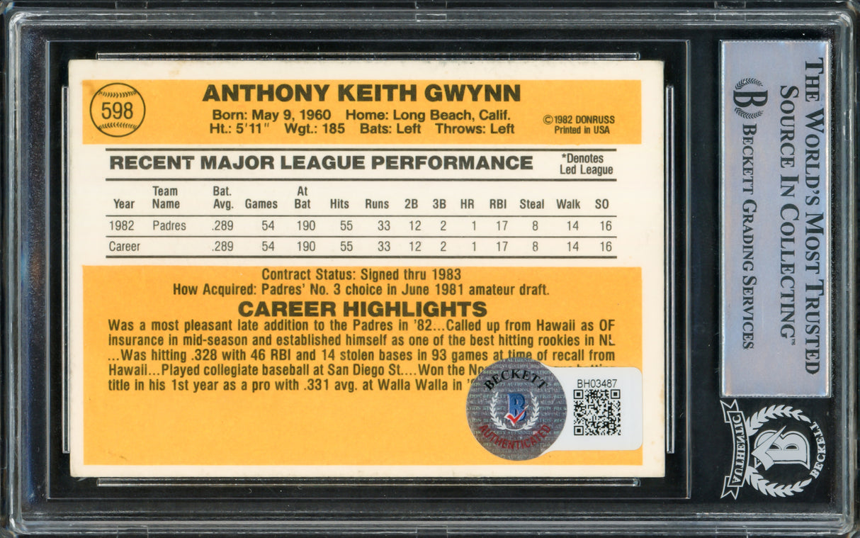 Tony Gwynn Autographed 1983 Donruss Card #598 San Diego Padres Beckett BAS #15780949
