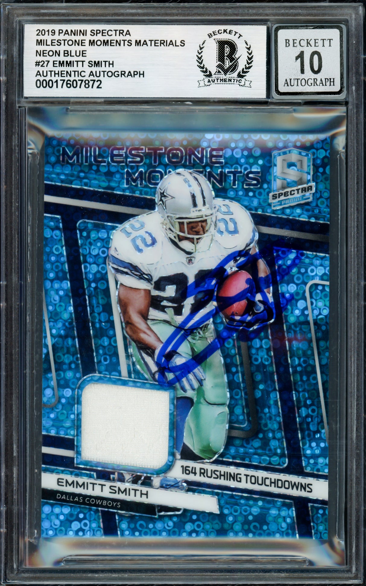 Emmitt Smith Autographed 2019 Panini Spectra Milestone Moments Materials Card #27 Dallas Cowboys Auto Grade Gem Mint 10 Game Used Jersey Patch #34/75 Beckett BAS #17607872