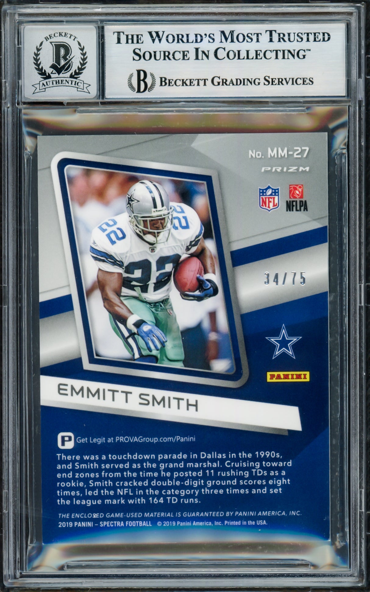Emmitt Smith Autographed 2019 Panini Spectra Milestone Moments Materials Card #27 Dallas Cowboys Auto Grade Gem Mint 10 Game Used Jersey Patch #34/75 Beckett BAS #17607872