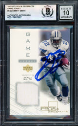 Emmitt Smith Autographed 2001 UD Pros & Prospects Game Jersey Card #ESJ Dallas Cowboys Auto Grade Gem Mint 10 Game Used Jersey Patch Beckett BAS #17607887