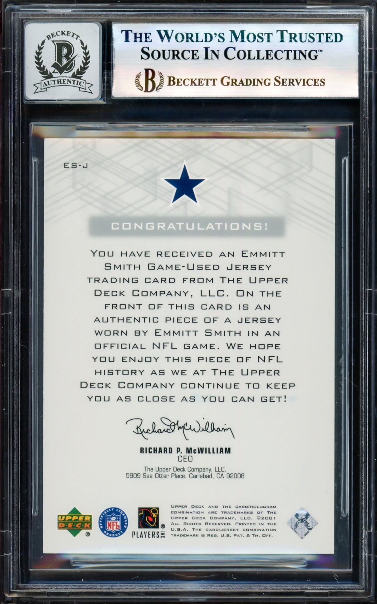 Emmitt Smith Autographed 2001 UD Pros & Prospects Game Jersey Card #ESJ Dallas Cowboys Auto Grade Gem Mint 10 Game Used Jersey Patch Beckett BAS #17607887