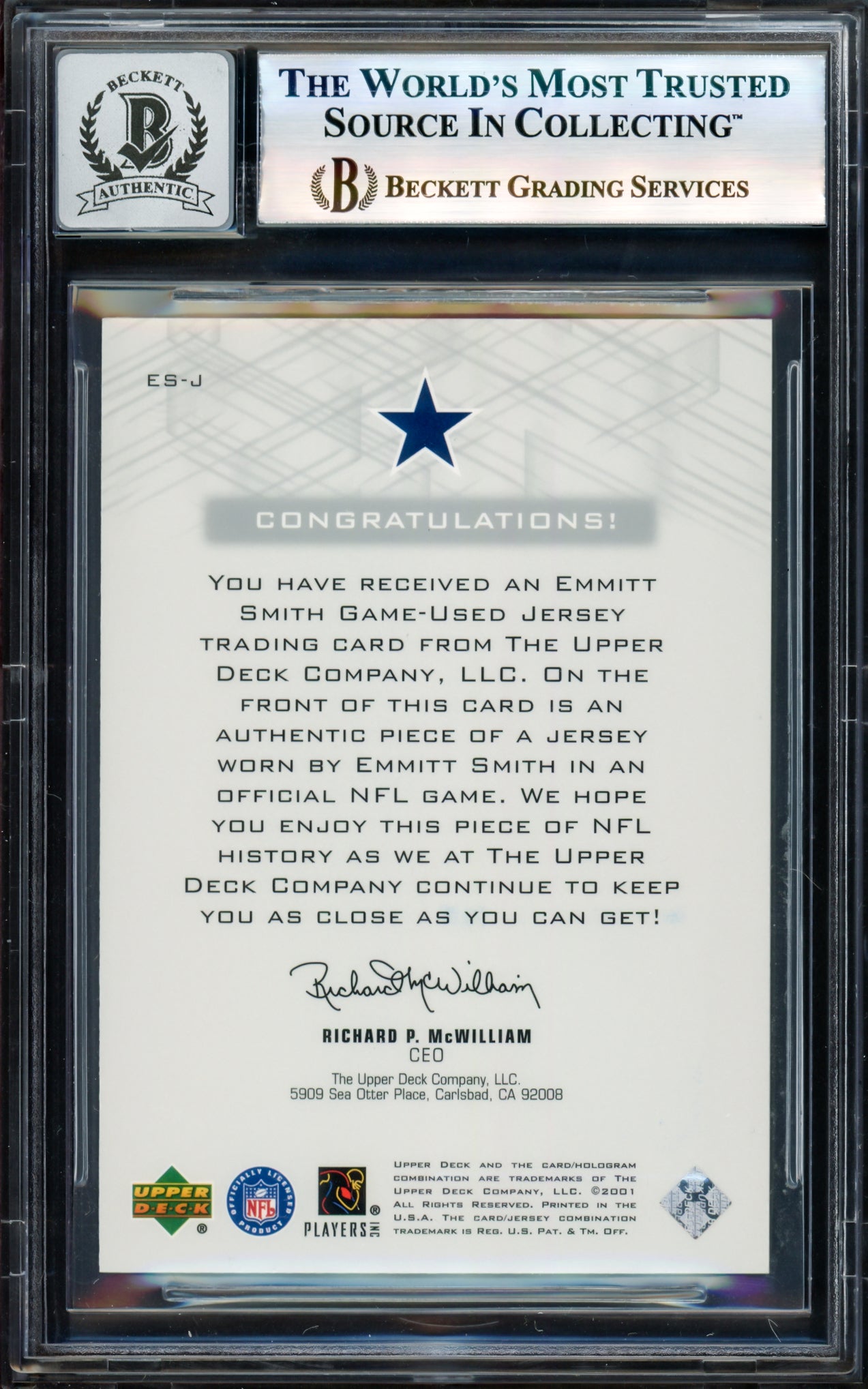 Emmitt Smith Autographed 2001 UD Pros & Prospects Game Jersey Card #ESJ Dallas Cowboys Auto Grade Gem Mint 10 Game Used Jersey Patch Beckett BAS #17607887