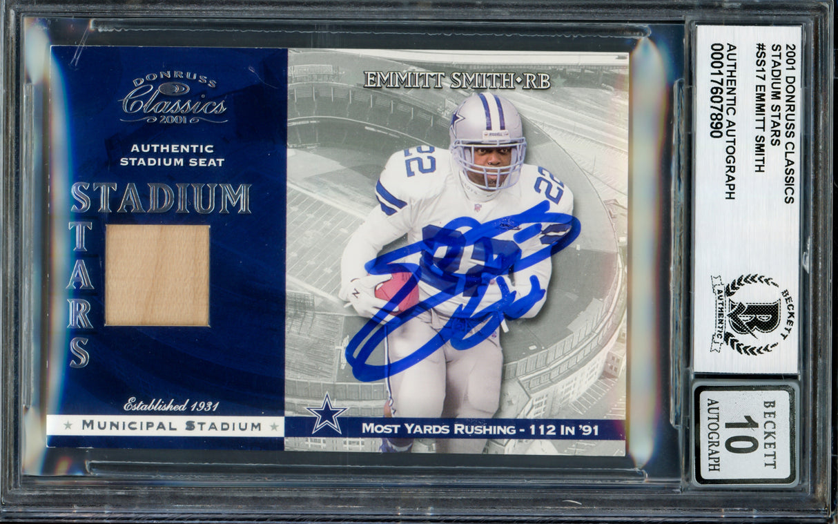 Emmitt Smith Autographed 2001 Donruss Classics Stadium Stars Card #SS17 Dallas Cowboys Auto Grade Gem Mint 10 Game Used Stadium Relic Beckett BAS #17607890