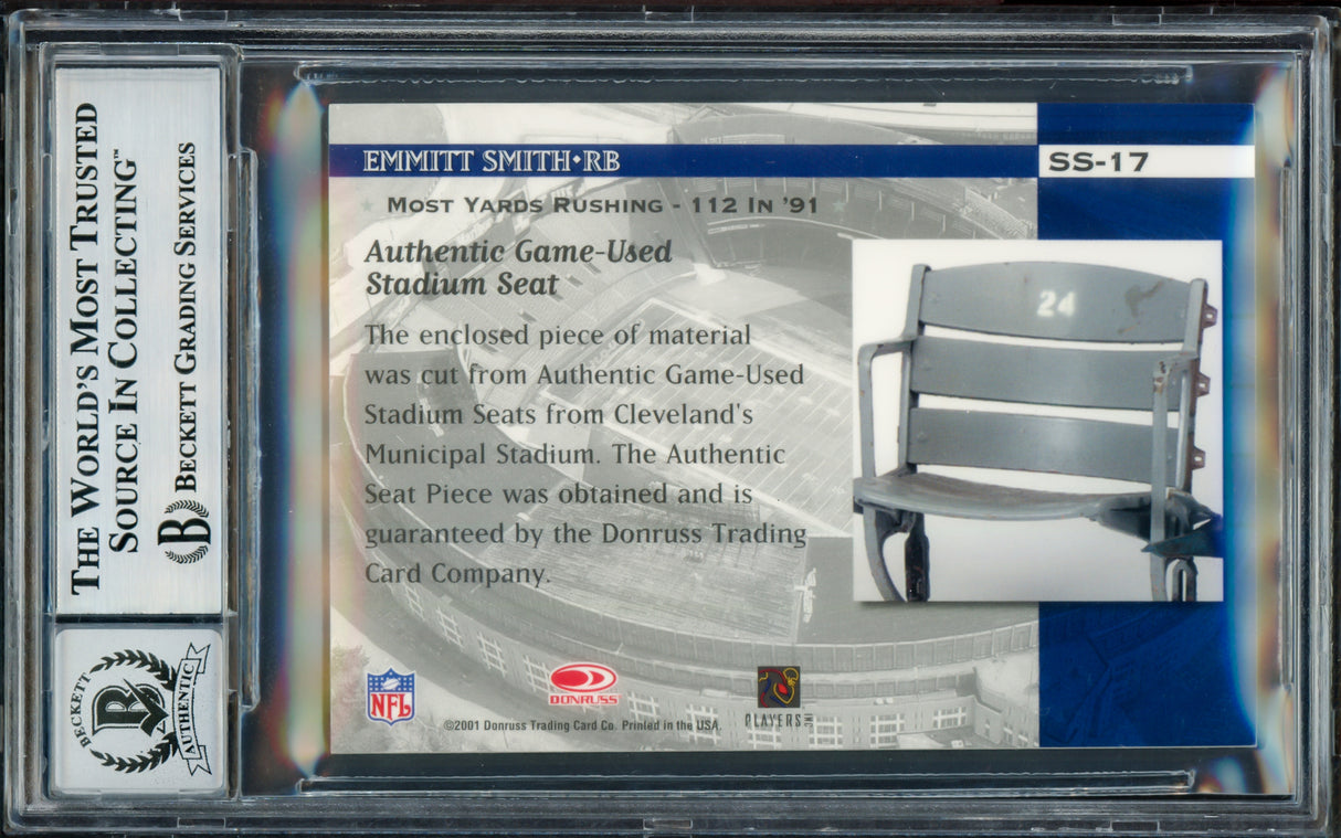 Emmitt Smith Autographed 2001 Donruss Classics Stadium Stars Card #SS17 Dallas Cowboys Auto Grade Gem Mint 10 Game Used Stadium Relic Beckett BAS #17607890
