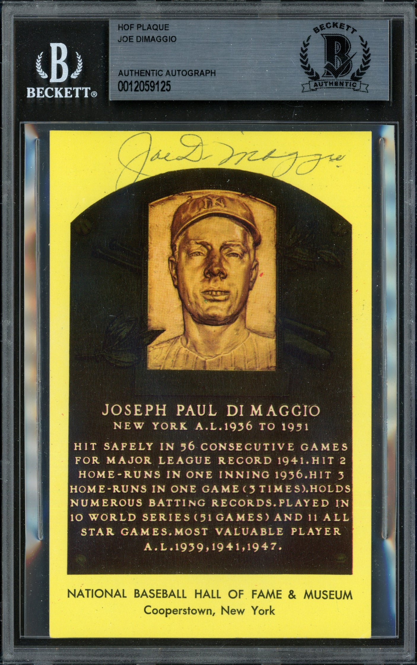 Joe DiMaggio Autographed Hall of Fame HOF Plaque Postcard New York Yankees Beckett BAS #12059125