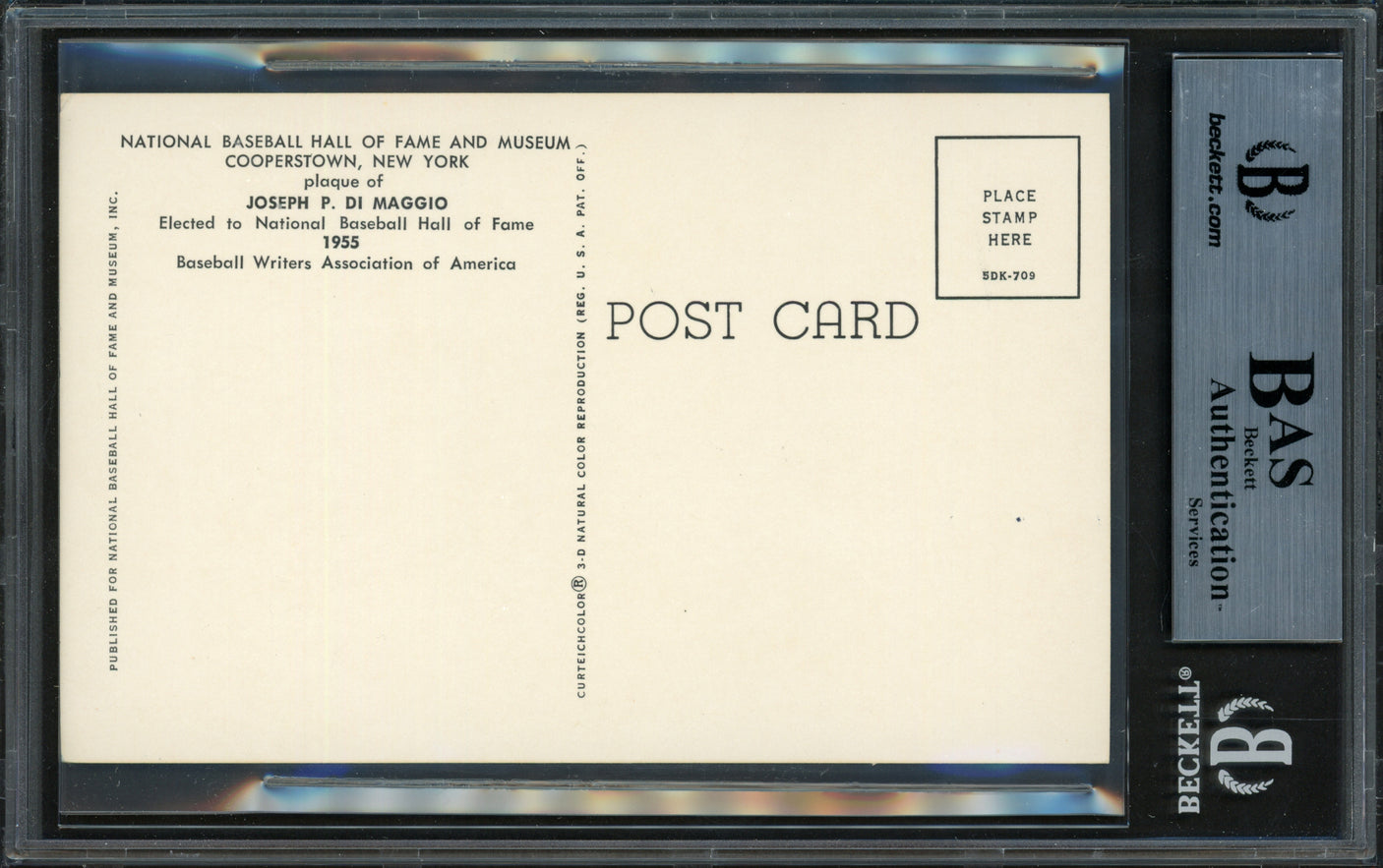 Joe DiMaggio Autographed Hall of Fame HOF Plaque Postcard New York Yankees Beckett BAS #12059125