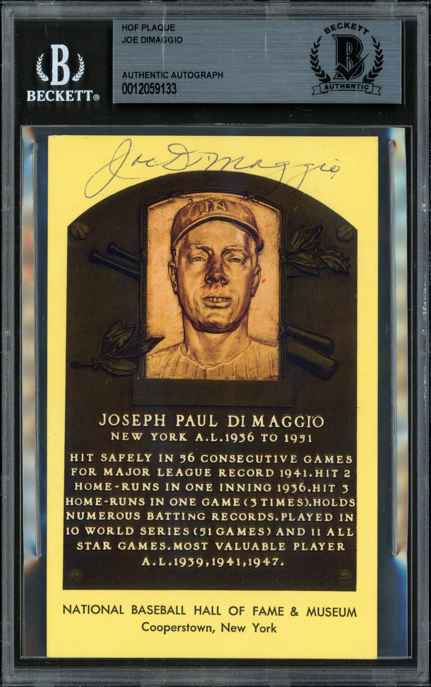 Joe DiMaggio Autographed Hall of Fame HOF Plaque Postcard New York Yankees Beckett BAS #12059133