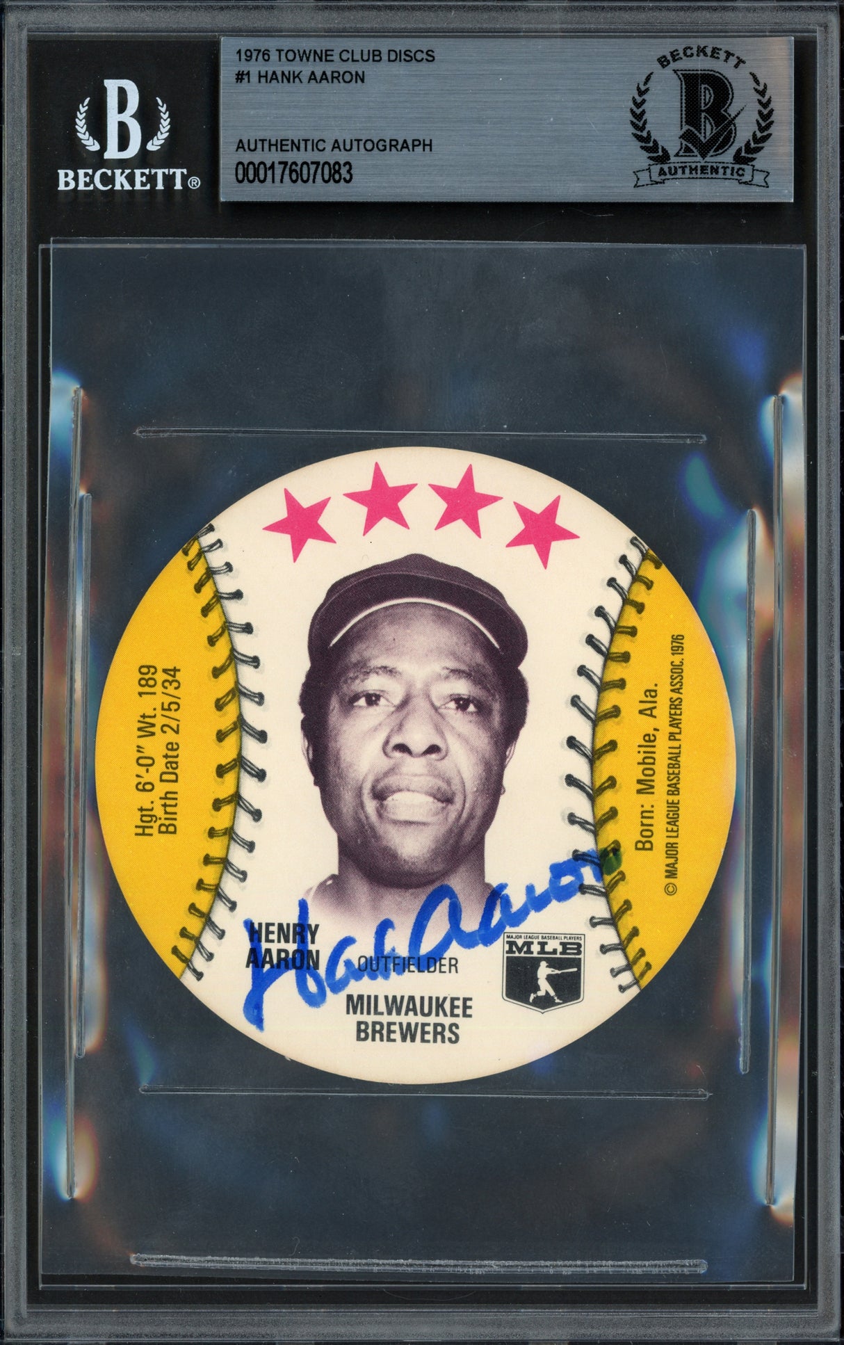 Hank Aaron Autographed 1976 Towne Club Pop Card Milwaukee Brewers Beckett BAS #17607083