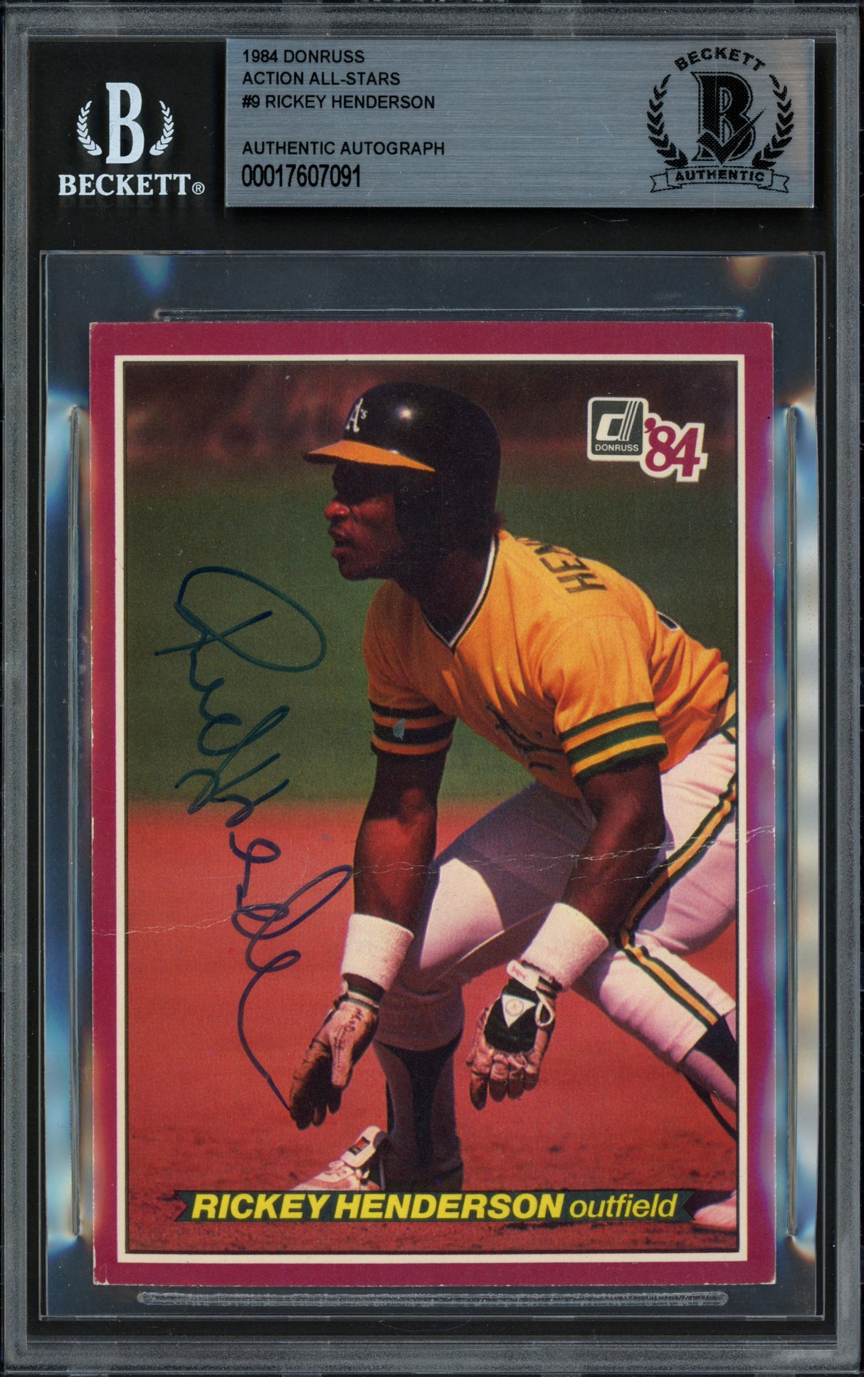 Rickey Henderson Autographed 1984 Donruss Action All Stars Card #9 Oakland A's Beckett BAS #17607091