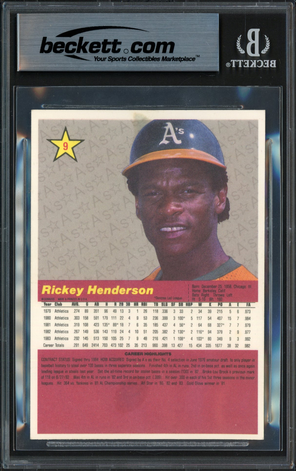 Rickey Henderson Autographed 1984 Donruss Action All Stars Card #9 Oakland A's Beckett BAS #17607091