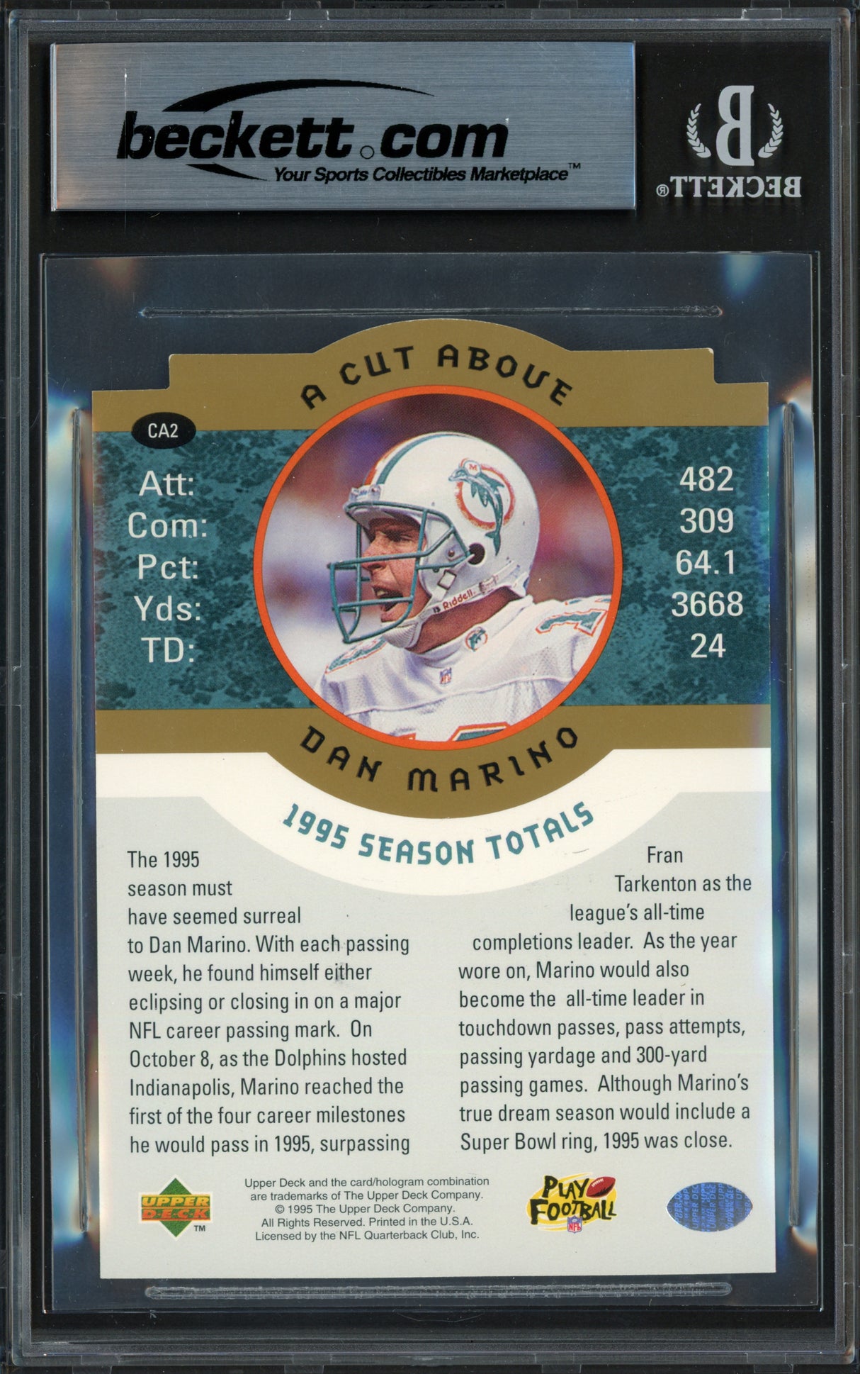 Dan Marino Autographed 1995 Upper Deck 3.5x5 Card #CA2 Miami Dolphins Beckett BAS #17607146