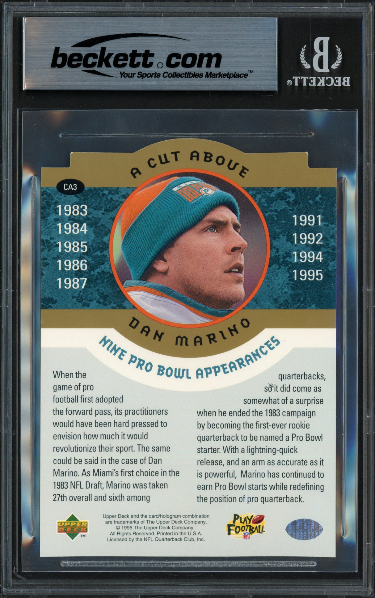 Dan Marino Autographed 1995 Upper Deck 3.5x5 Card #CA3 Miami Dolphins Beckett BAS #17607155