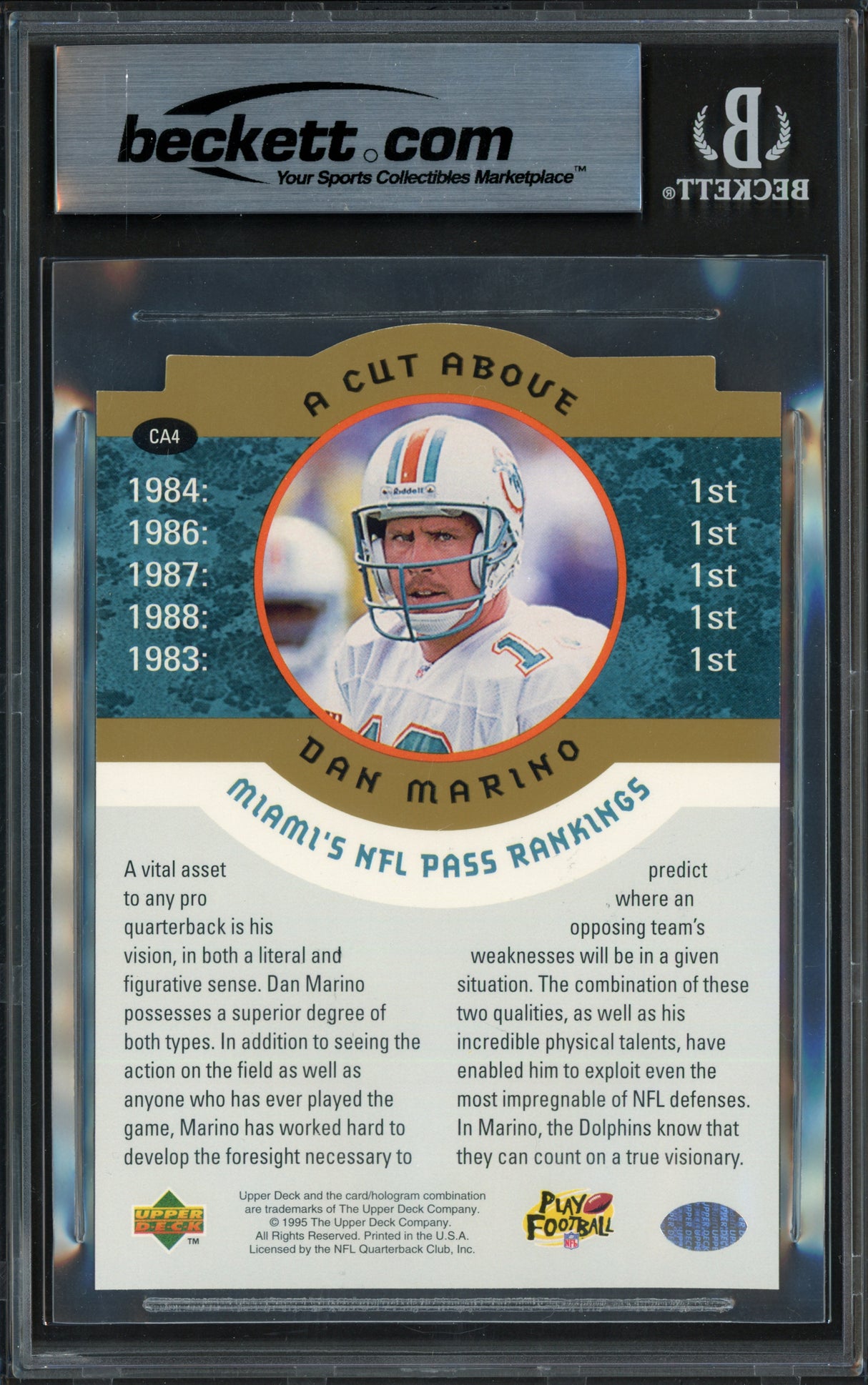 Dan Marino Autographed 1995 Upper Deck 3.5x5 Card #CA4 Miami Dolphins Beckett BAS #17607162