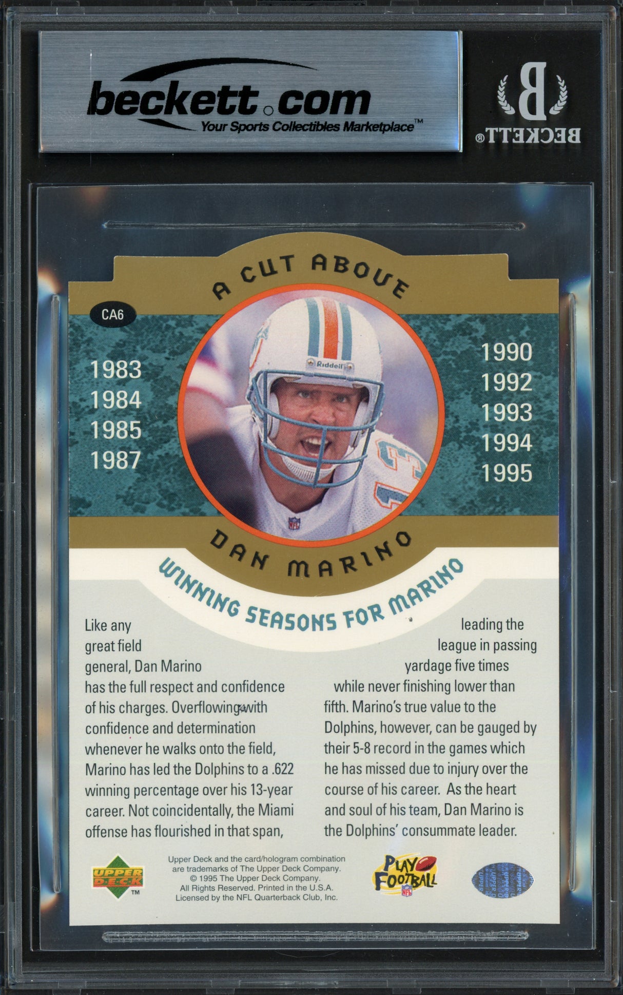 Dan Marino Autographed 1995 Upper Deck 3.5x5 Card #CA6 Miami Dolphins Beckett BAS #17607200