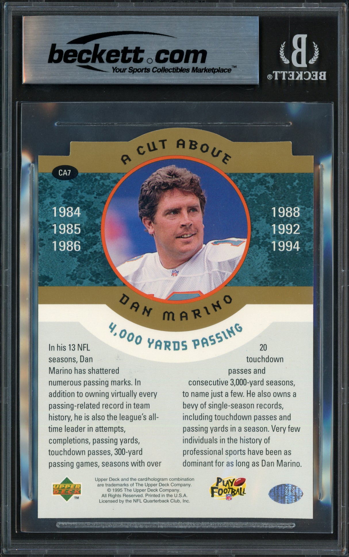 Dan Marino Autographed 1995 Upper Deck 3.5x5 Card #CA7 Miami Dolphins Beckett BAS #17607208