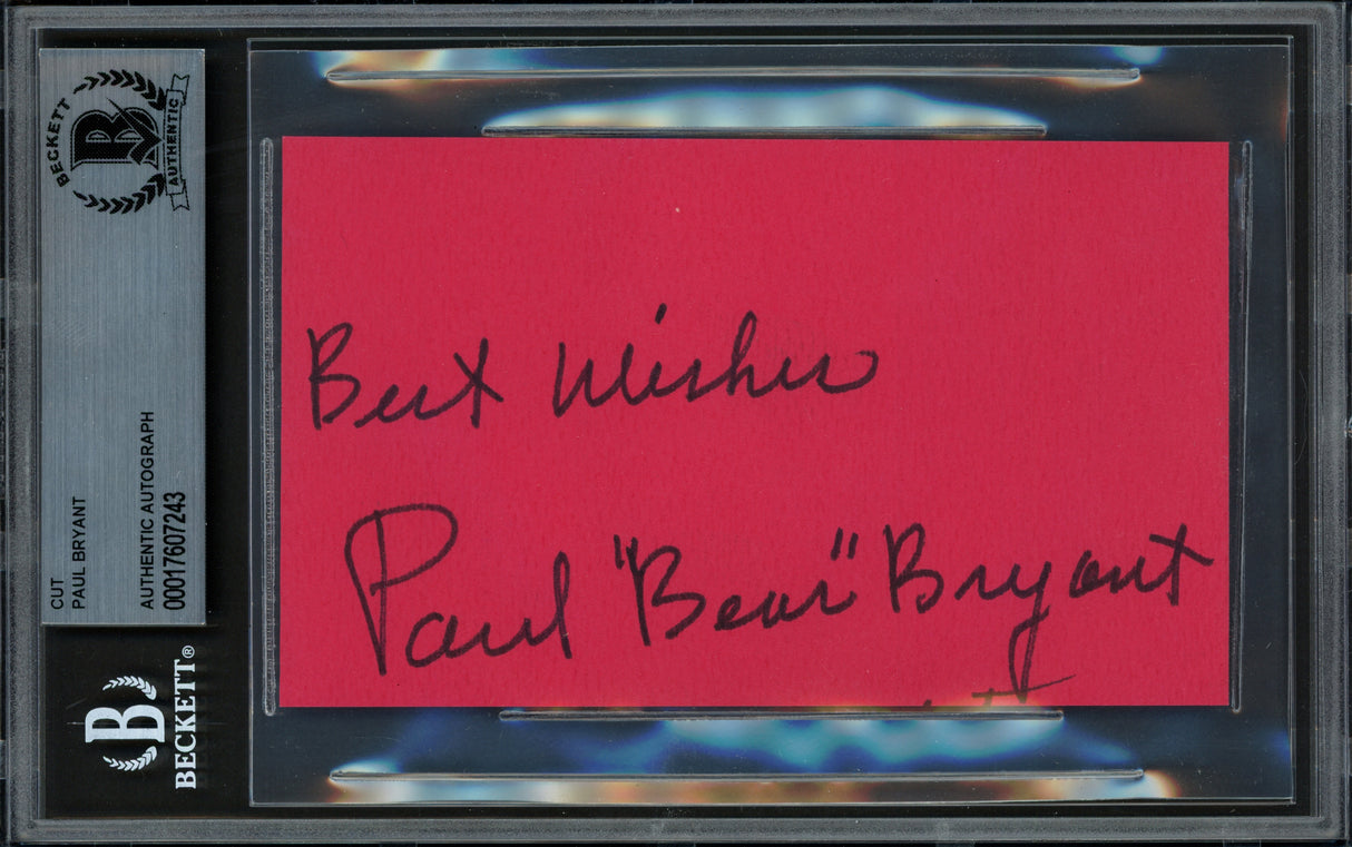 Paul Bear Bryant Autographed 3x5 Cut Signature Alabama Crimson Tide Beckett BAS #17607243