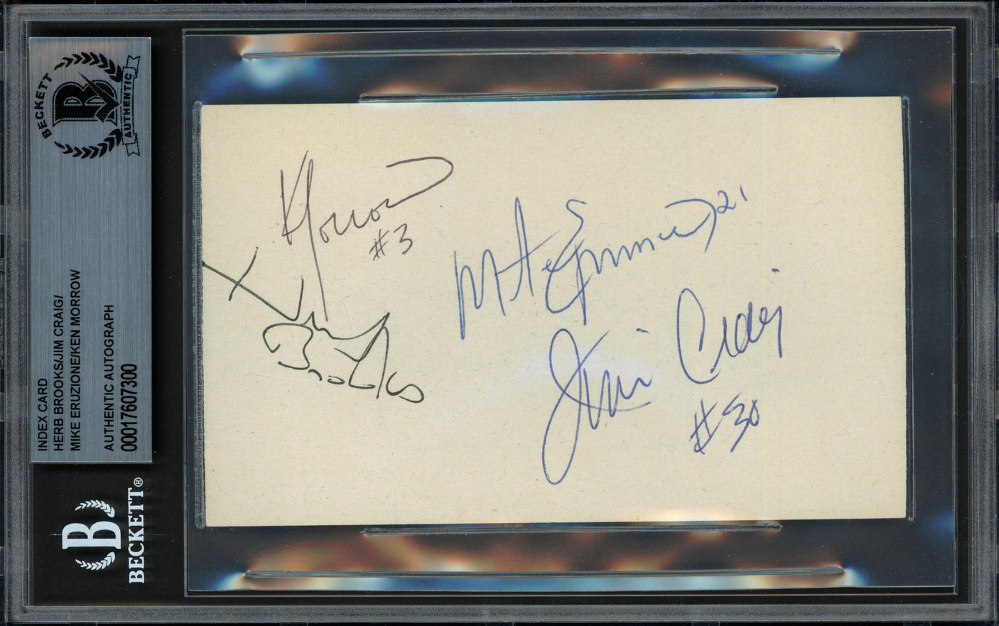 1980 Team USA Miracle on Ice Autographed 3x5 Index Card With 4 Signatures Including Herb Brooks & Jim Craig Beckett BAS #17607300
