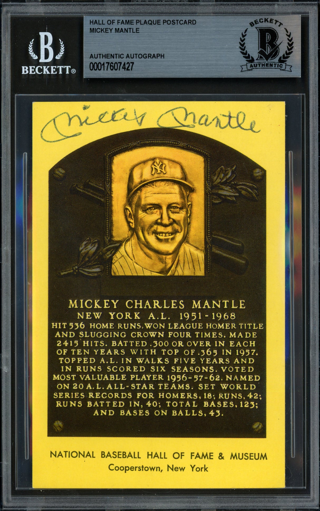 Mickey Mantle Autographed Hall of Fame HOF Plaque Postcard New York Yankees Beckett BAS #17607427