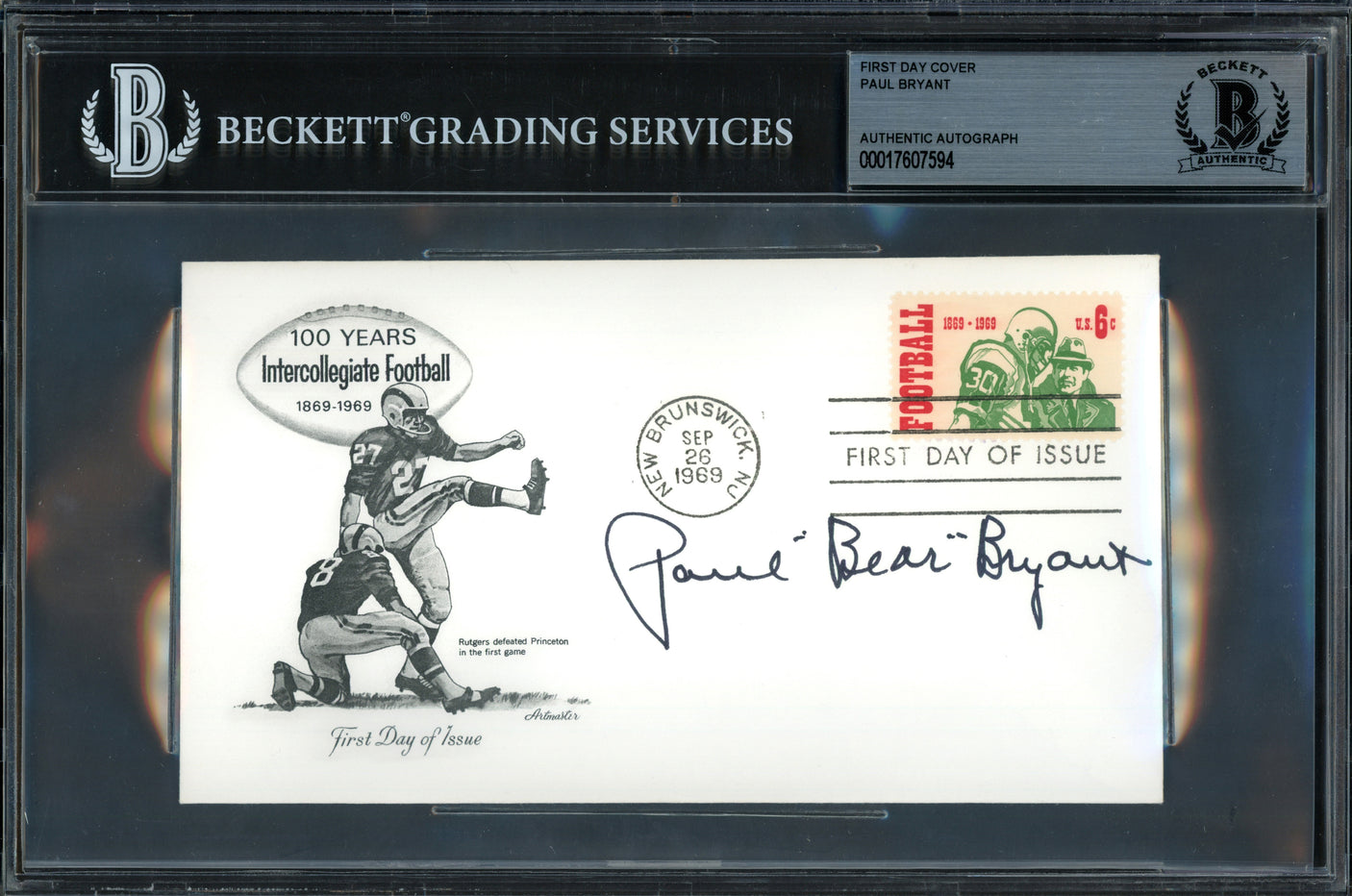 Paul Bear Bryant Autographed 1969 First Day Cover Alabama Crimson Tide Beckett BAS #17607594