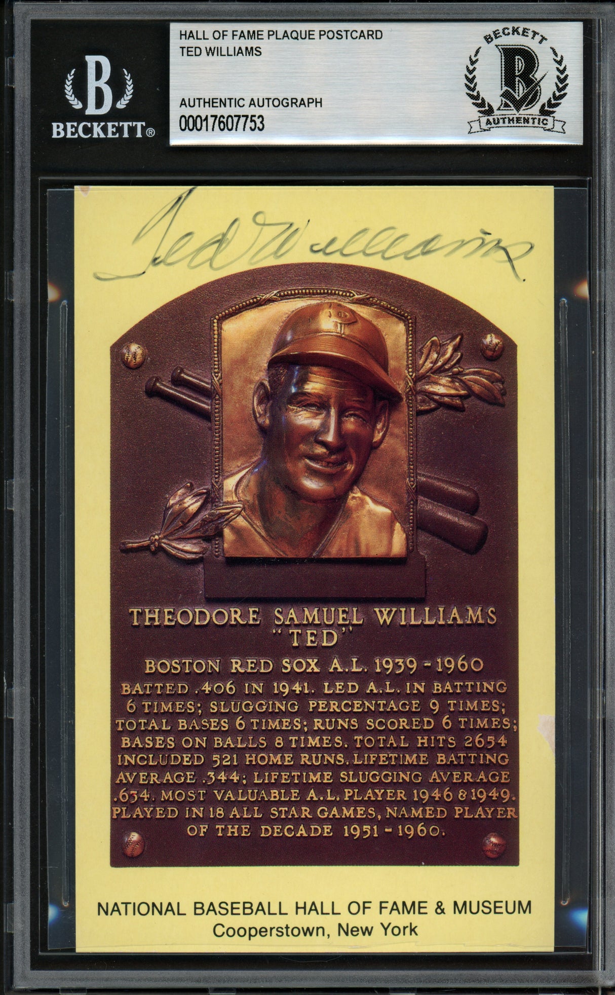 Ted Williams Autographed Hall of Fame HOF Plaque Postcard Boston Red Sox Beckett BAS #17607753