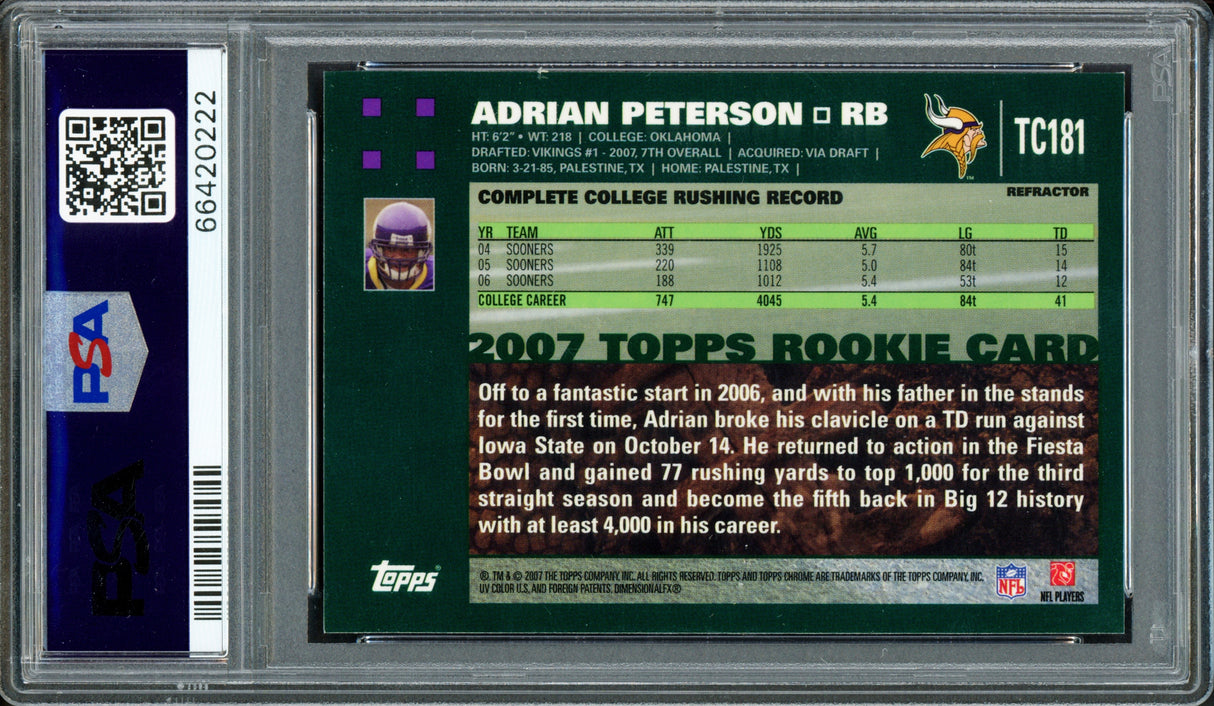 Adrian Peterson Autographed 2007 Topps Chrome Rookie Card #TC181 Minnesota Vikings PSA/DNA #66420222