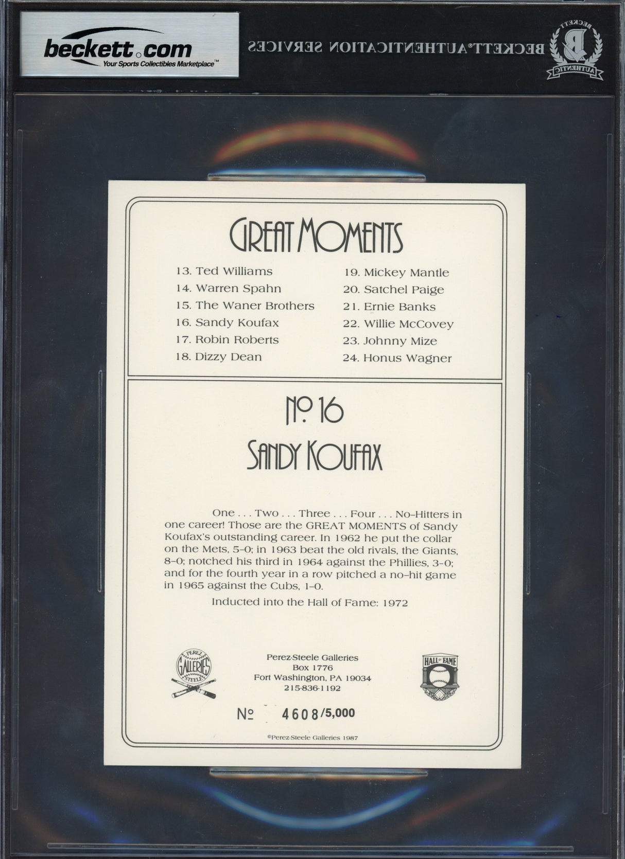 Sandy Koufax Autographed 1990-97 Perez-Steele Great Moments Postcard #16 Brooklyn Dodgers Beckett BAS #17607757
