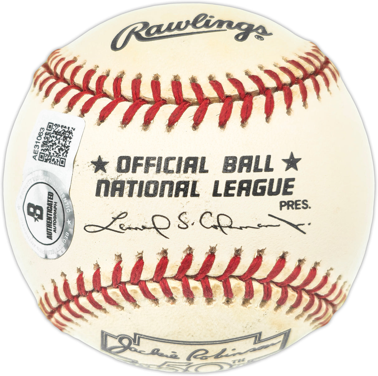 Hank Aaron Autographed Official Jackie Robinson 50th Anniversary Logo NL Baseball Atlanta Braves Beckett BAS #AE31063