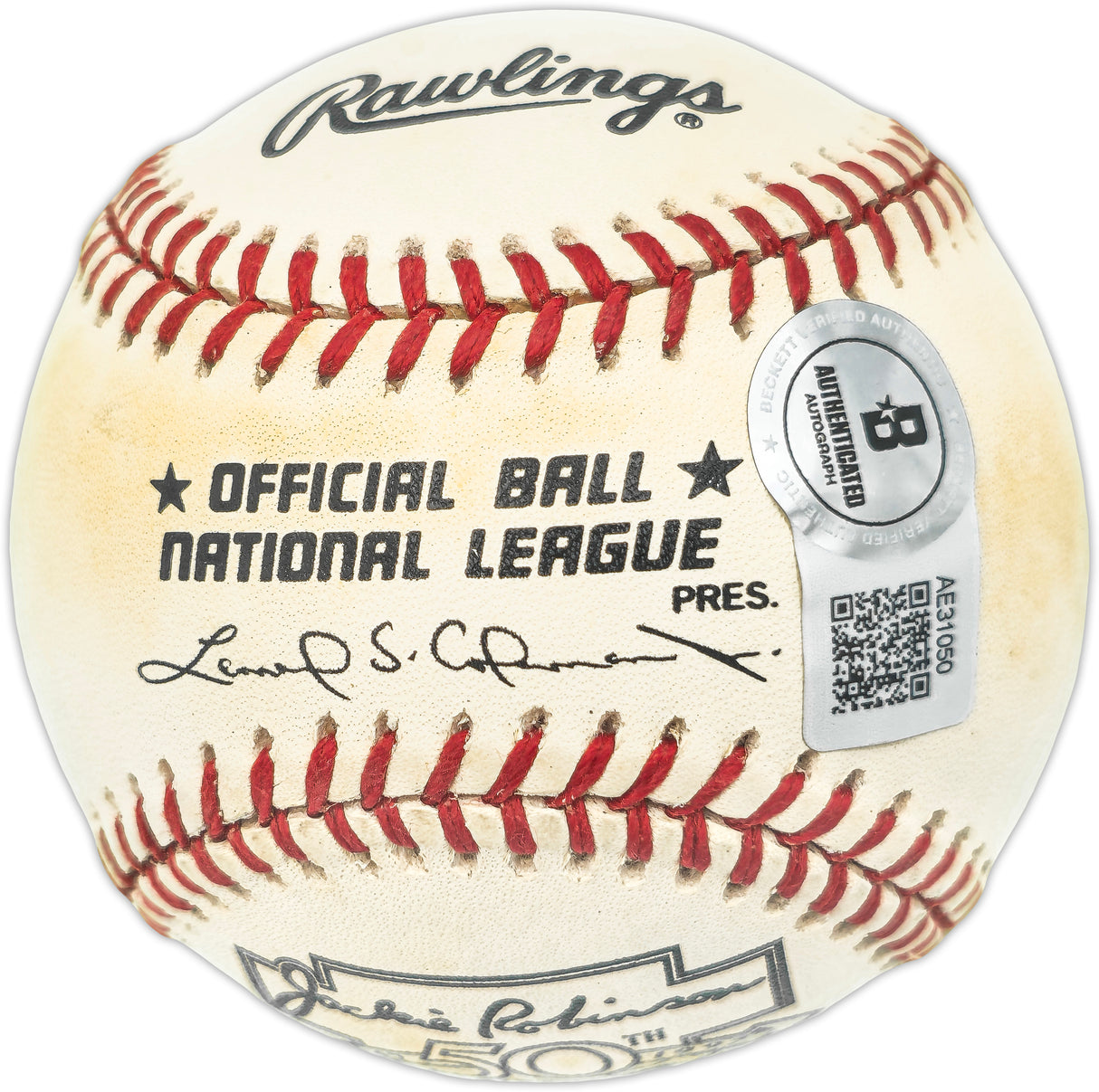 Hank Aaron Autographed Official Jackie Robinson 50th Anniversary Logo NL Baseball Atlanta Braves Beckett BAS #AE31050