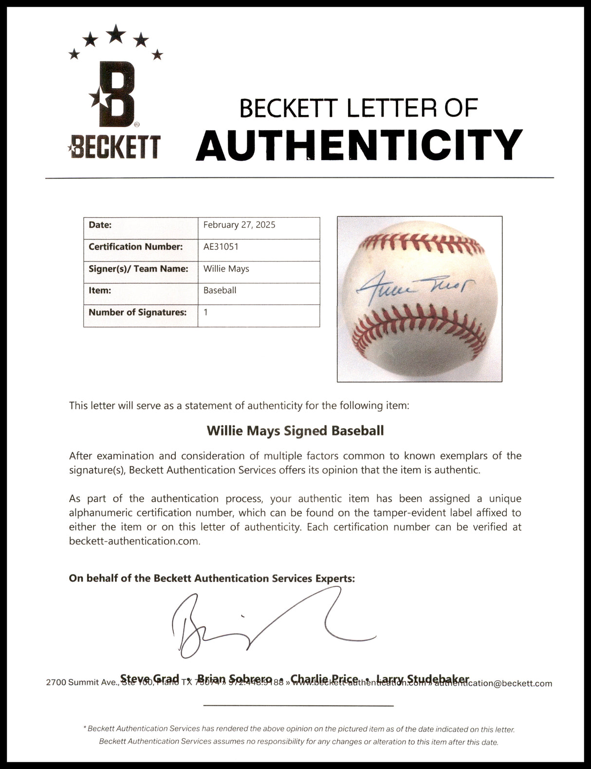 Willie Mays Autographed Official NL Baseball San Francisco Giants Beckett BAS #AE31051