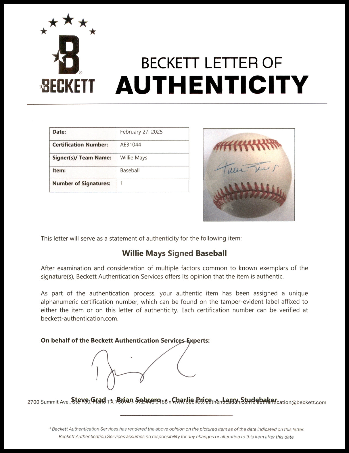 Willie Mays Autographed Official NL Baseball San Francisco Giants Beckett BAS #AE31044