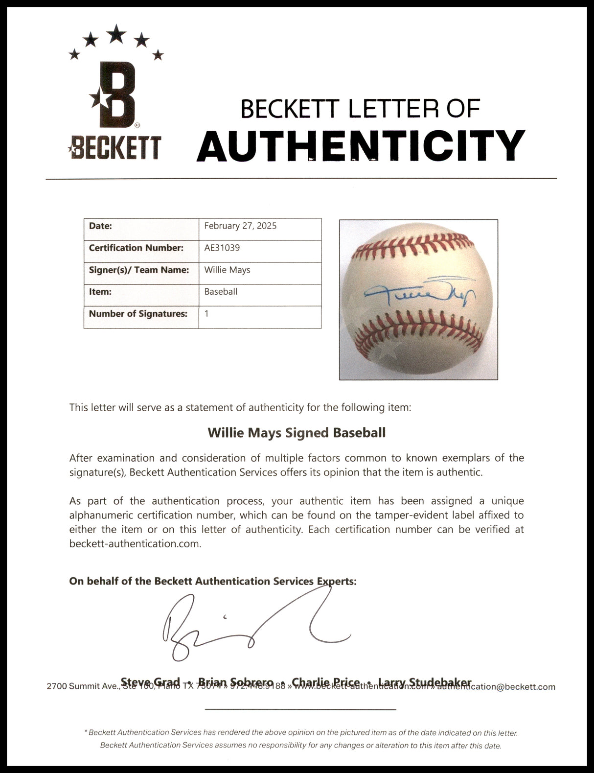 Willie Mays Autographed Official NL Baseball San Francisco Giants Beckett BAS #AE31039